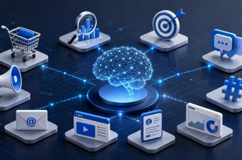 AI-powered marketing dashboard showing data analytics, automation, customer targeting, personalization, and digital marketing workflows connected by a neural network.