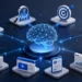 AI-powered marketing dashboard showing data analytics, automation, customer targeting, personalization, and digital marketing workflows connected by a neural network.