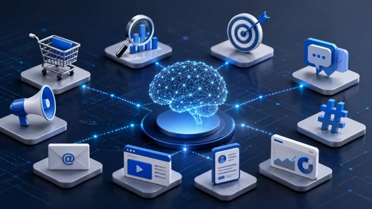AI-powered marketing dashboard showing data analytics, automation, customer targeting, personalization, and digital marketing workflows connected by a neural network.