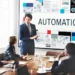 Illustration showing artificial intelligence in marketing with data graphs and digital campaign elements