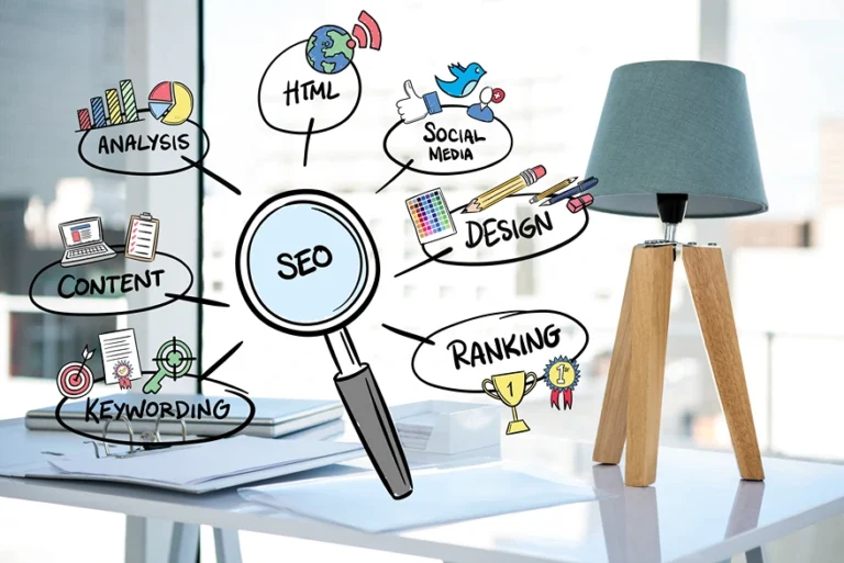 Laptop screen showing SEO elements including title tags, meta descriptions, and heading structure