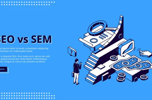 Side-by-side comparison diagram showing SEO organic results vs SEM paid ads in search results
