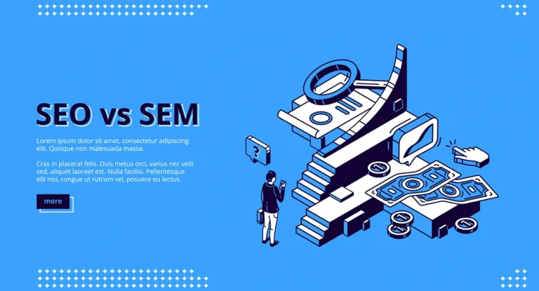 Side-by-side comparison diagram showing SEO organic results vs SEM paid ads in search results