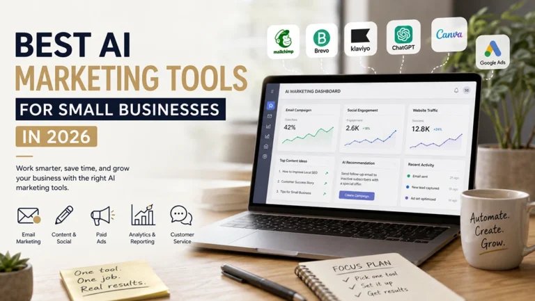 Best AI marketing tools for small businesses in 2026, featuring AI-powered email marketing, content creation, paid ads, analytics, and customer service tools.