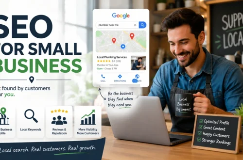 SEO for small business showing a local business owner using search and map tools to attract nearby customers