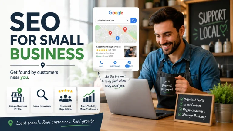 SEO for small business showing a local business owner using search and map tools to attract nearby customers
