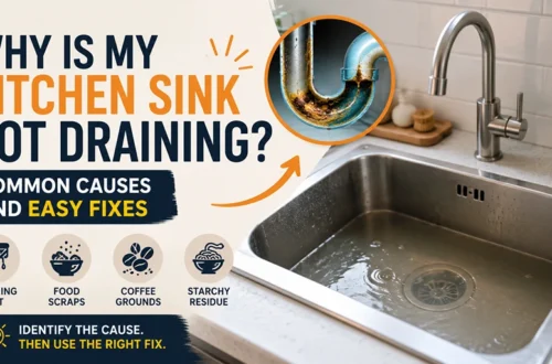 Why is my kitchen sink not draining? Common causes of a blocked kitchen sink, including cooking fat, food scraps, coffee grounds and P-trap buildup.