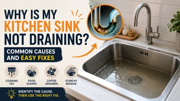 Why is my kitchen sink not draining? Common causes of a blocked kitchen sink, including cooking fat, food scraps, coffee grounds and P-trap buildup.