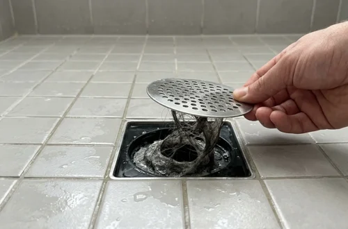 Hand lifting a shower drain cover to reveal a hair and soap scum clog underneath