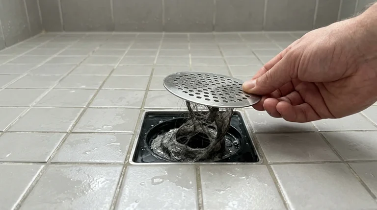 Hand lifting a shower drain cover to reveal a hair and soap scum clog underneath