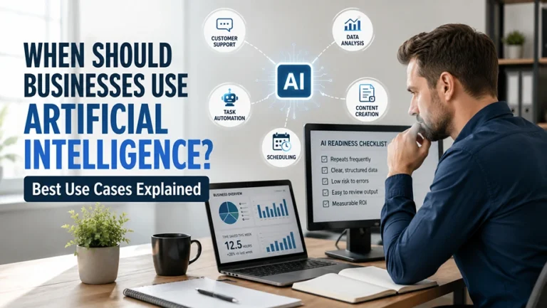 Manager comparing AI automation options against a job scheduling board in a small business office