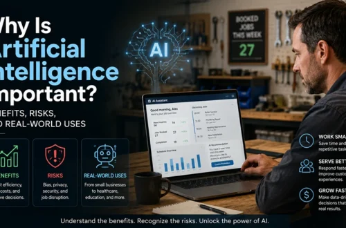 Small business owner reviewing AI-generated job scheduling data on a laptop in a workshop
