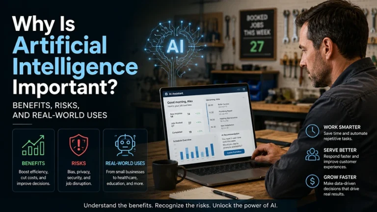 Small business owner reviewing AI-generated job scheduling data on a laptop in a workshop
