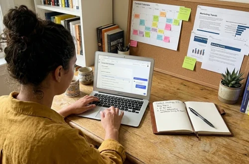 Small business owner planning blog topics while using AI for content marketing on a laptop