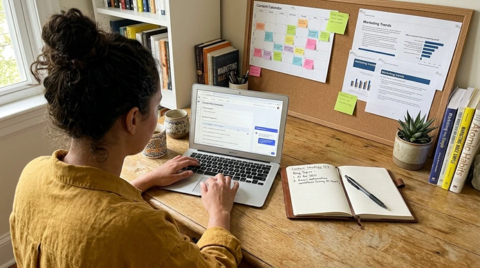 Small business owner planning blog topics while using AI for content marketing on a laptop