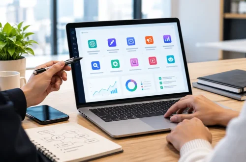 Marketing team reviewing AI marketing tools on a laptop dashboard