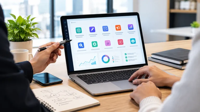 Marketing team reviewing AI marketing tools on a laptop dashboard